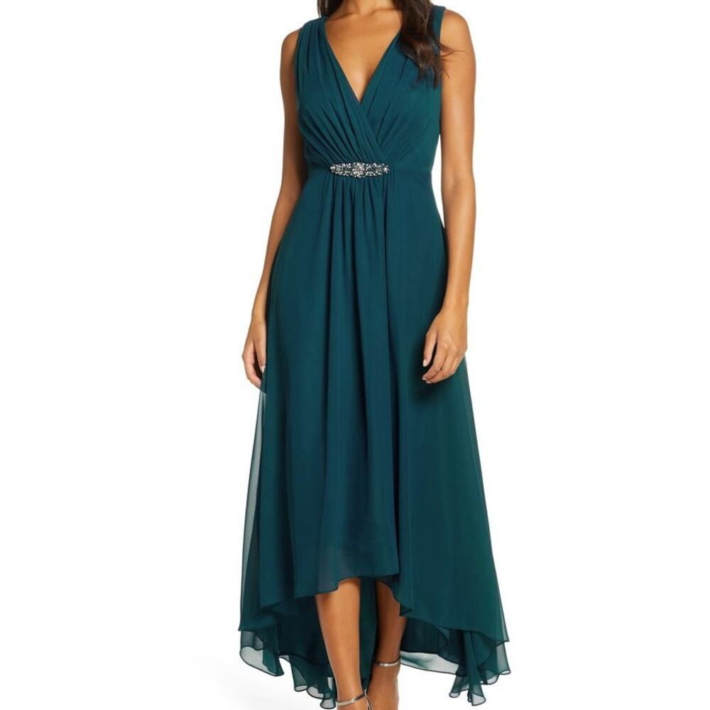 Eliza J NWT Embellished High Low Chiffon Dress Teal Blue Green Size 4 V-Neck